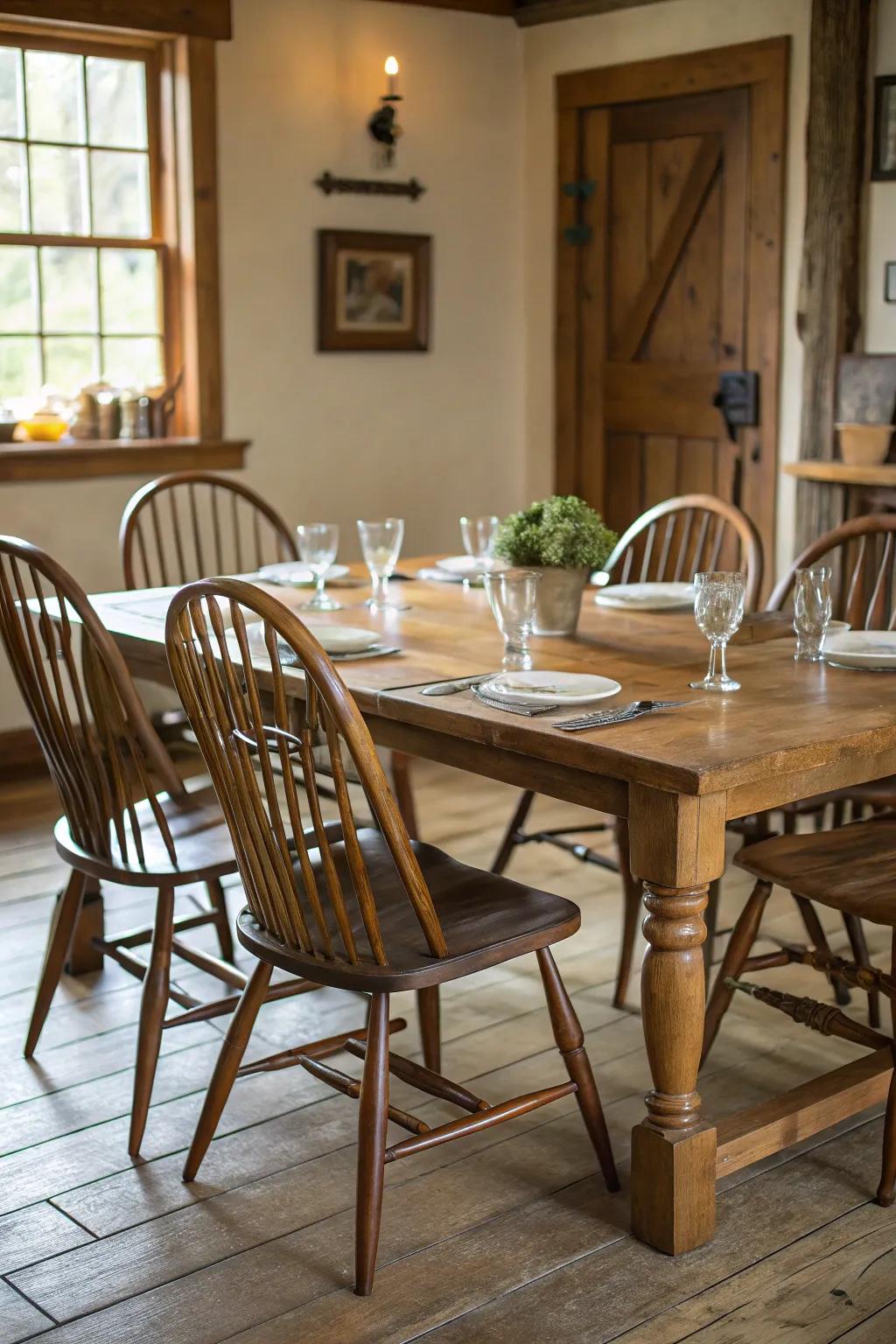 Spindle-back chairs adding classic allure to a colonial dining space.
