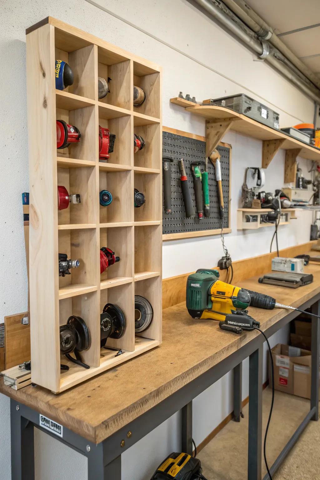 Streamlined wall cubby aimed at organized and visible angle grinder storage.