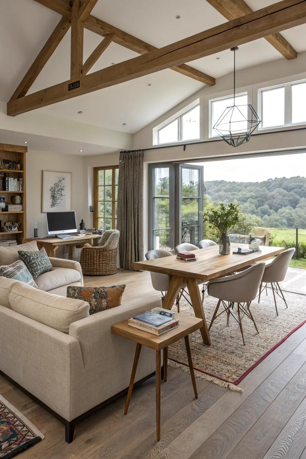 Distinct furniture zones fashion a multi-functional space in this open-plan living space.