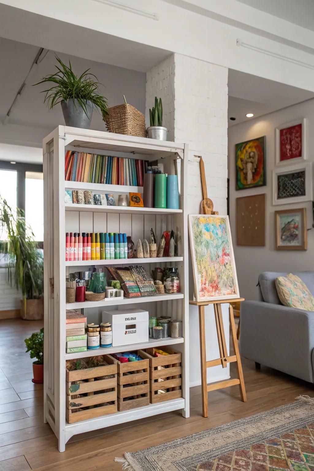 Repurposed bookshelves are ideal for displaying artistic tools.