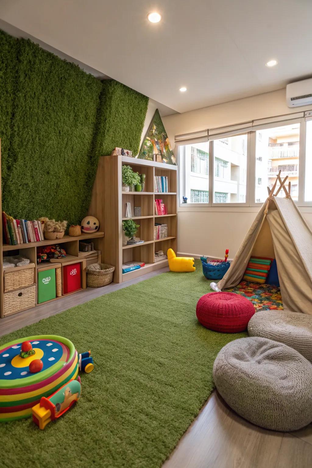 A playful children's playroom showcasing a simulated verdant wall for increased merriment.