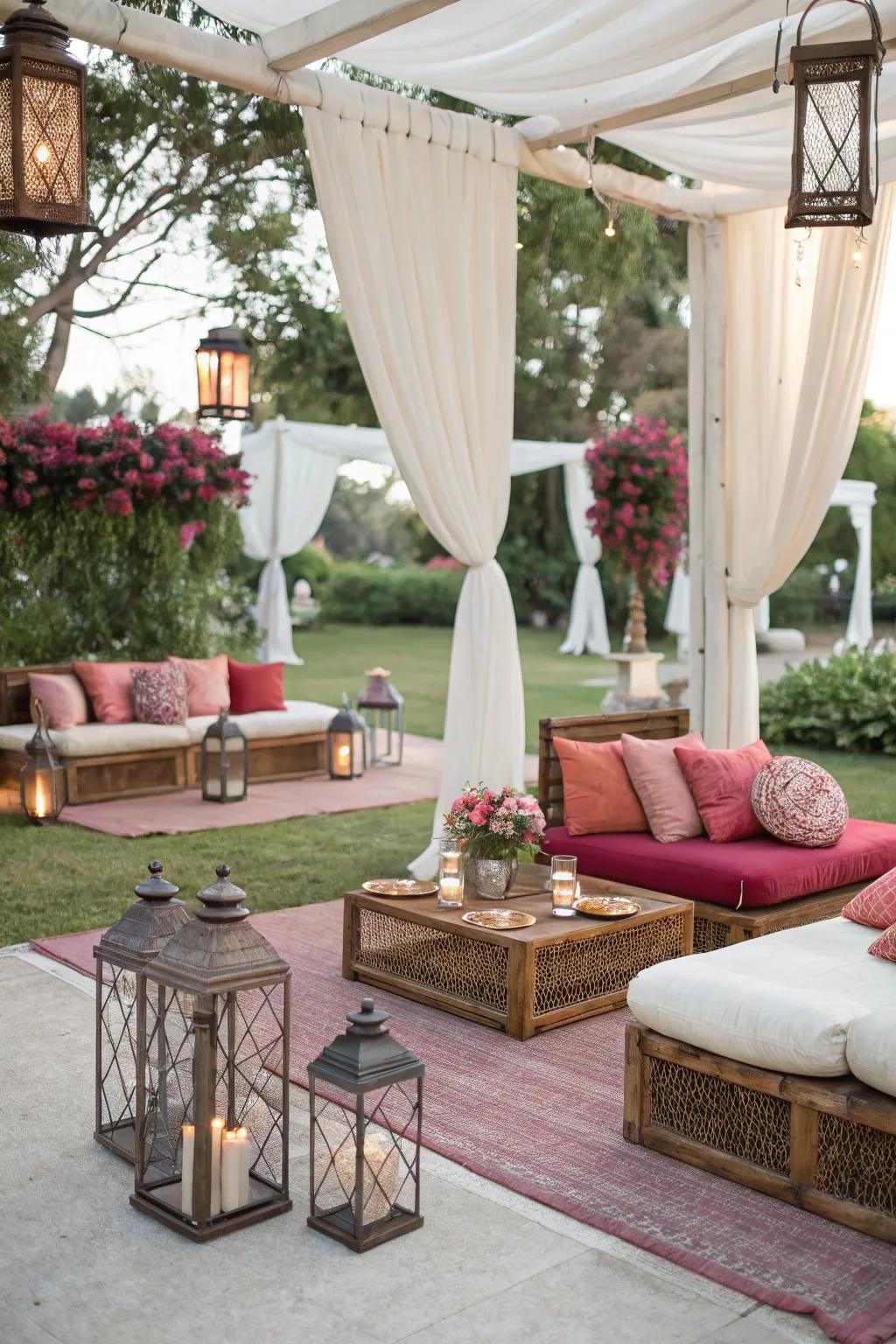 A snug relaxing sector furnishes attendees with a relaxing spot during the wedding.