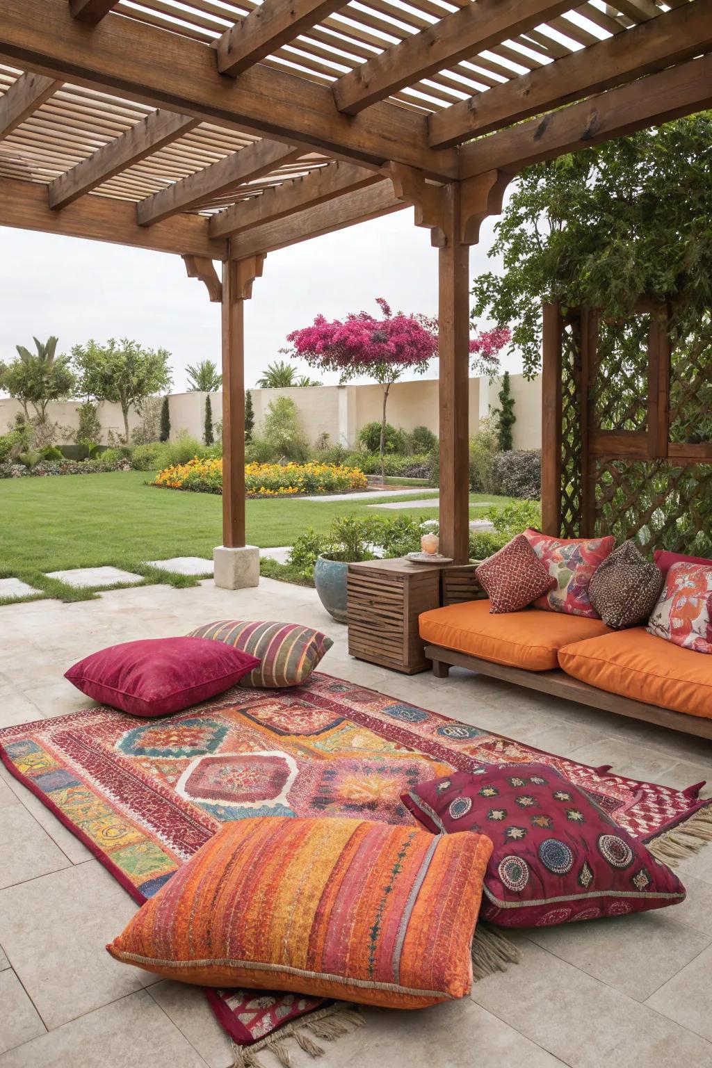 Vibrant textiles animate your patio aesthetic.