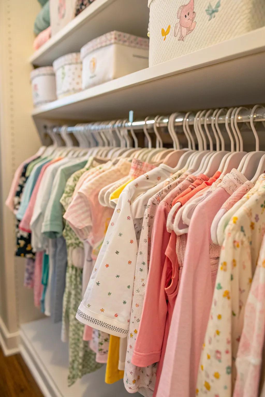 Infant-sized hangers preserve the configuration of garments and uphold the pristine condition of the wardrobe.