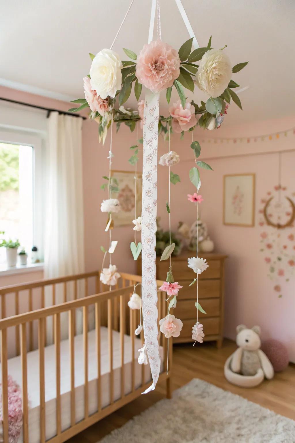 A blossom overhead mobile introduces a whimsical accent.