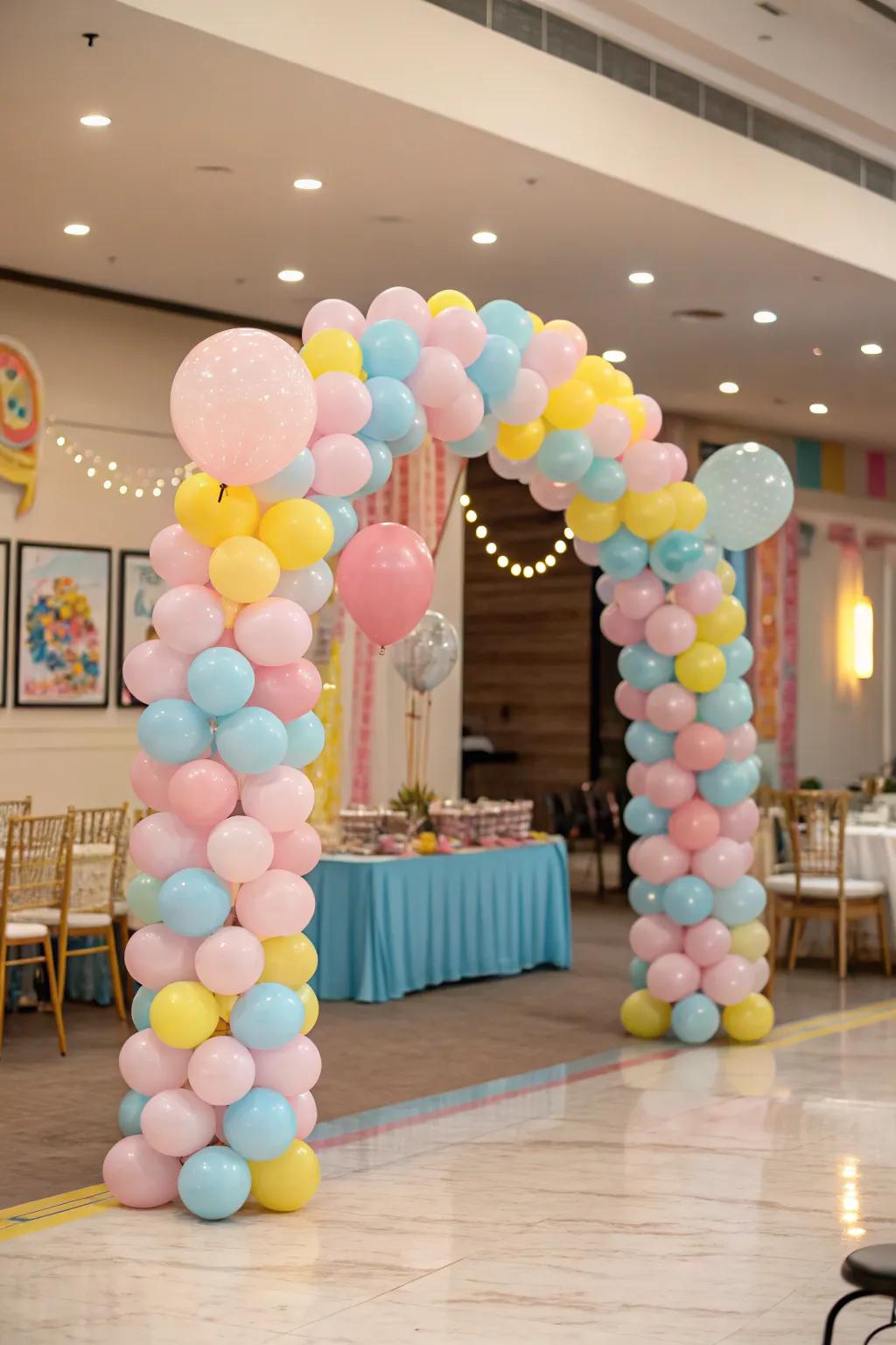 A fun pastel balloon arch suitable for a playful atmosphere.