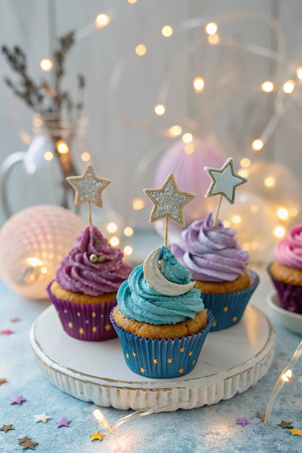 Space-themed cupcakes for a galactic baby shower familiarity.