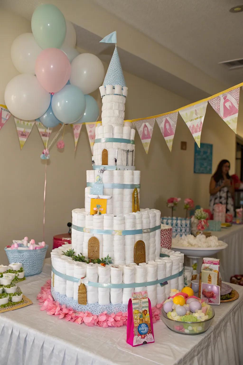 A fairytale diaper castle enchanting the baby shower.