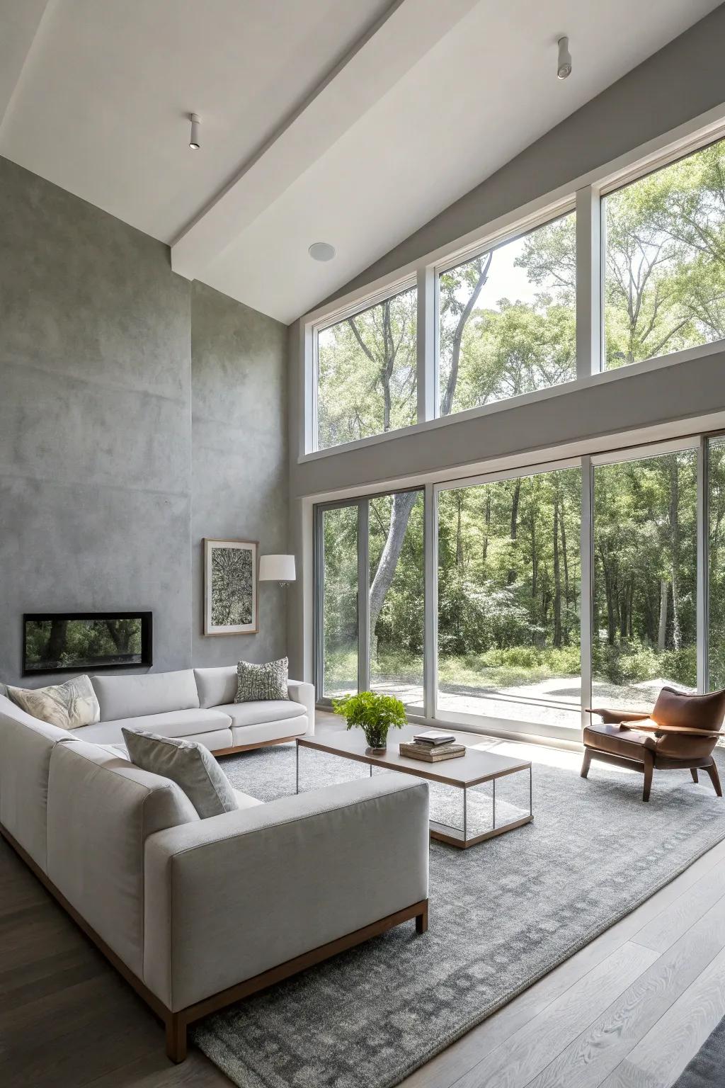 A lounging space featuring a minimalist gray surface, fostering an open, airy feeling.