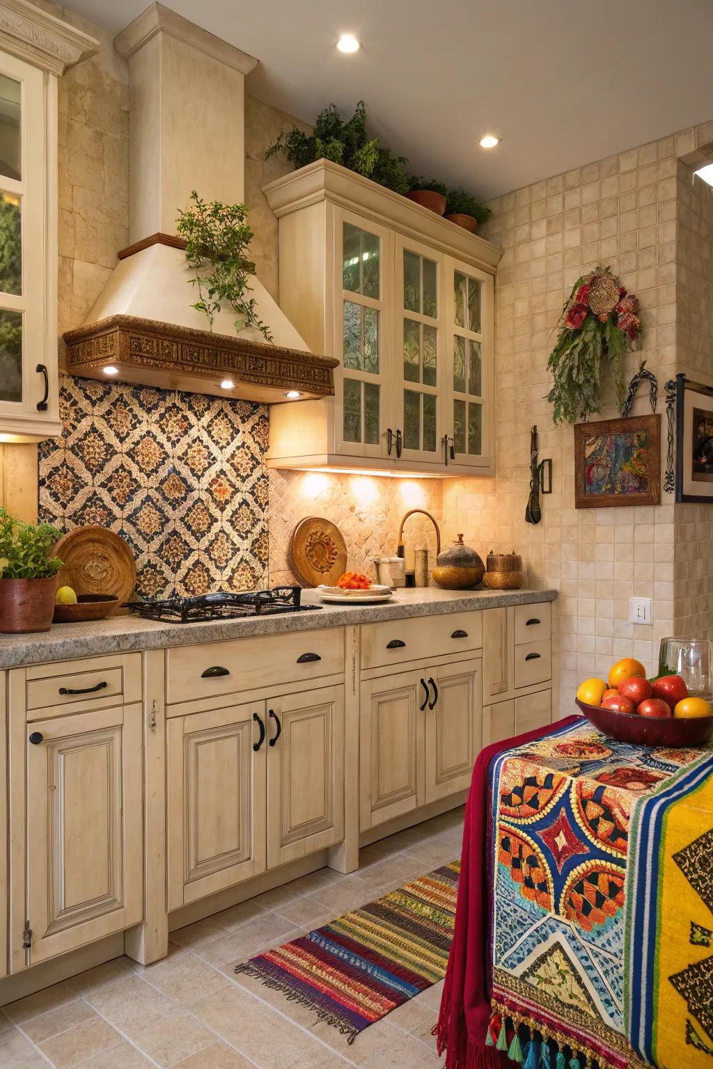 Mediterranean tiles contribute a surge of color and culture to the kitchen.