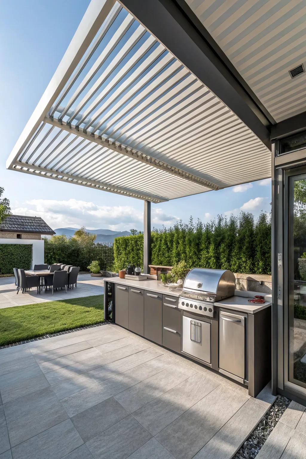 A louvered canopy delivers adaptable shelter and airflow for your kitchen.