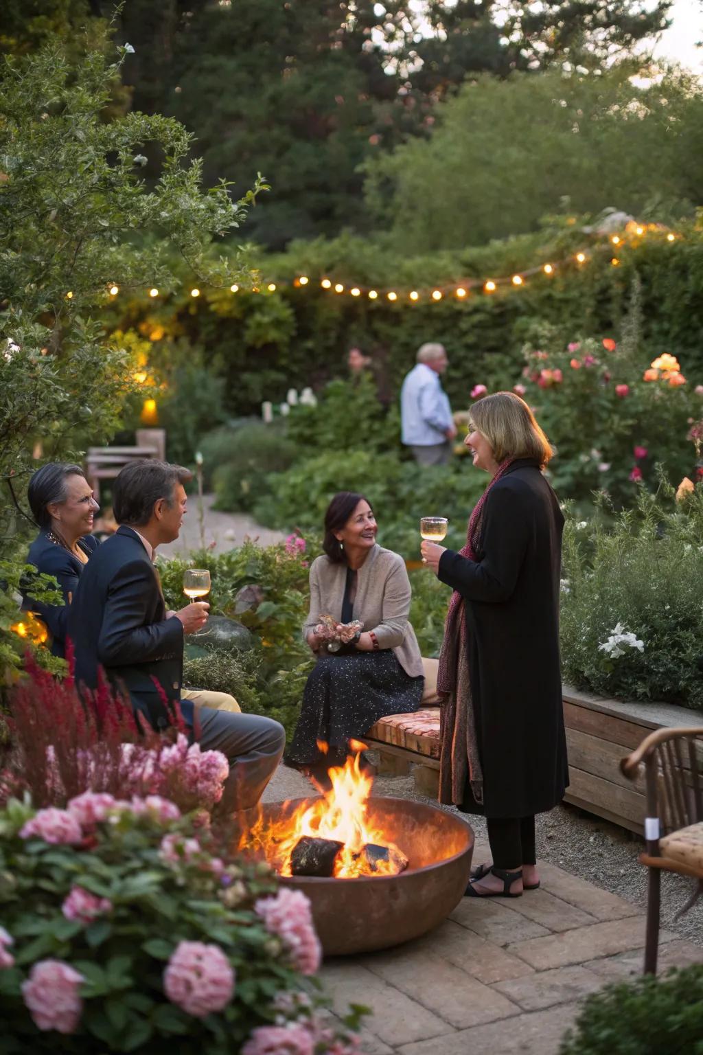 A bonfire pit becomes a cozy gathering point on cooler nights.