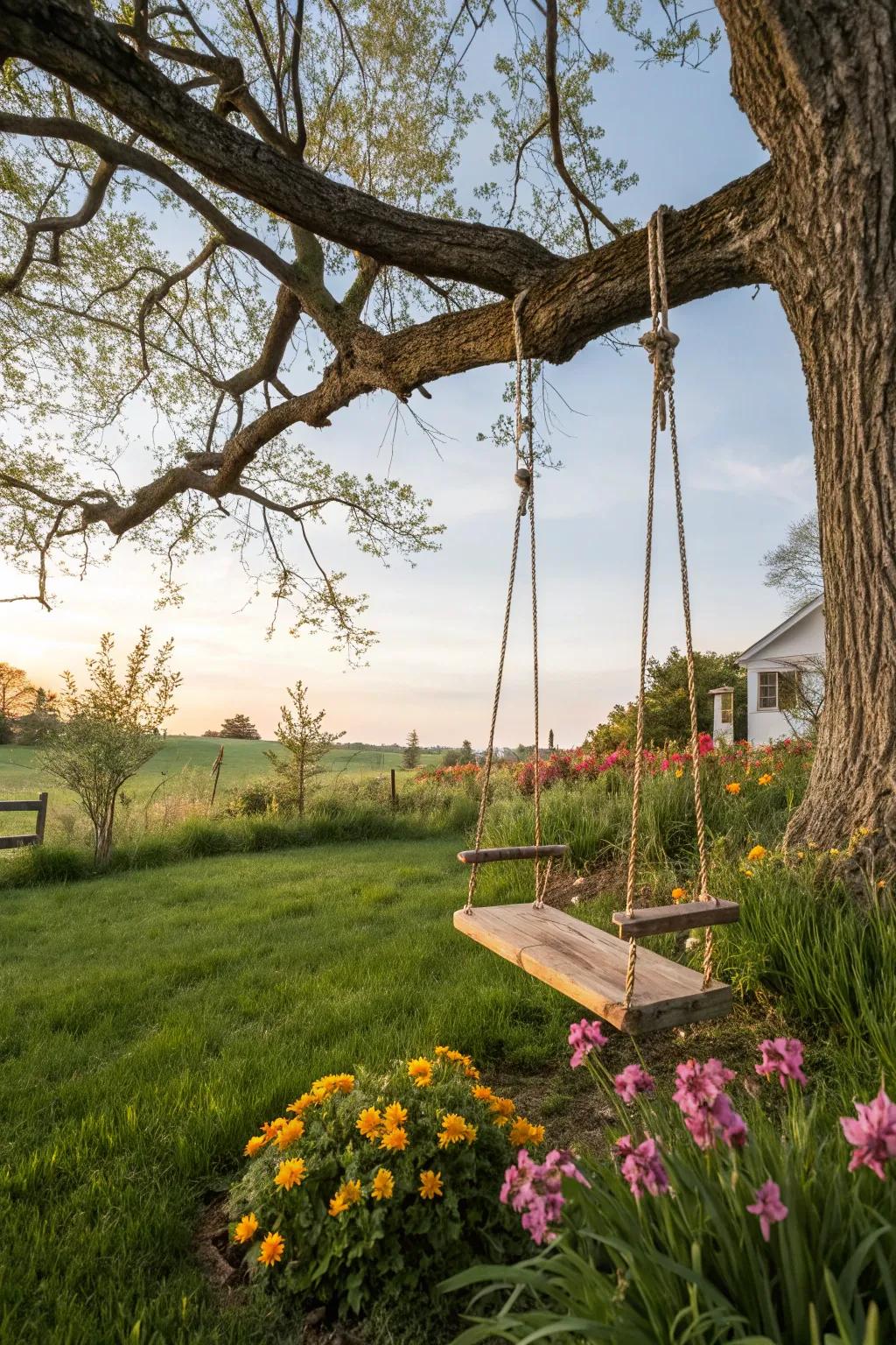 A classic swing contributes playful charm to your outdoor retreat.