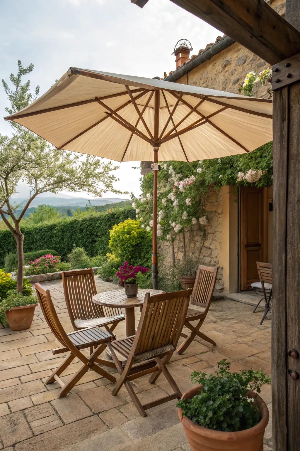 A rustic farmhouse patio with a wooden umbrella.