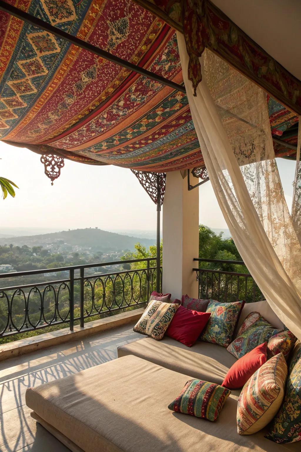 Fabric canopies contribute a bohemian and intimate element.