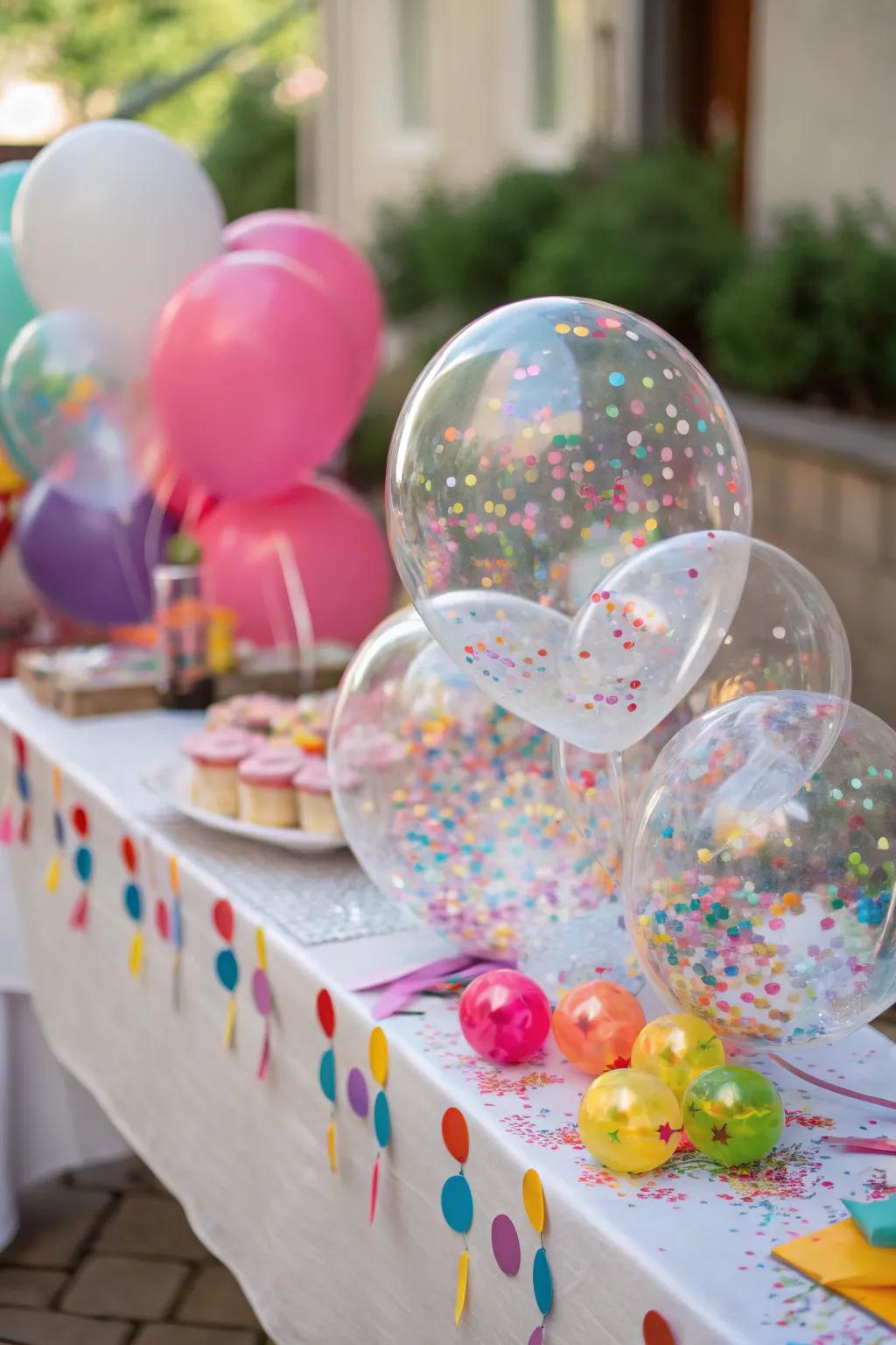 Confetti-filled balloons contribute a playful surprise.