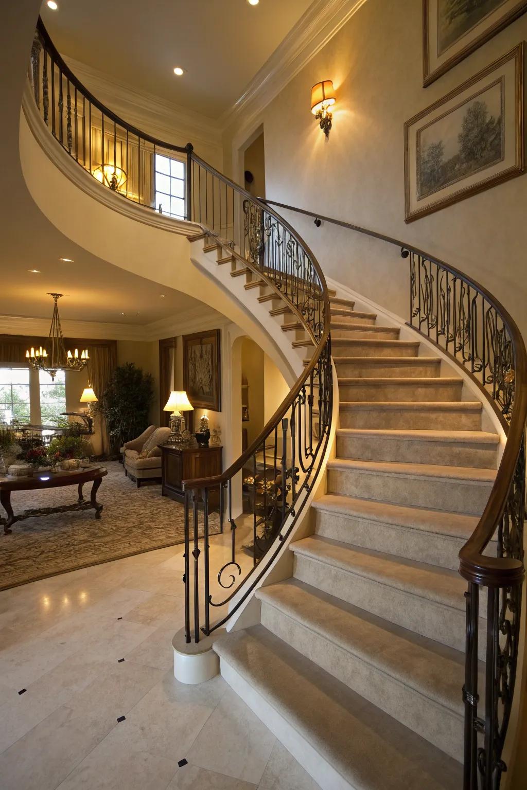 Dynamic elegance with an arched stair rail.