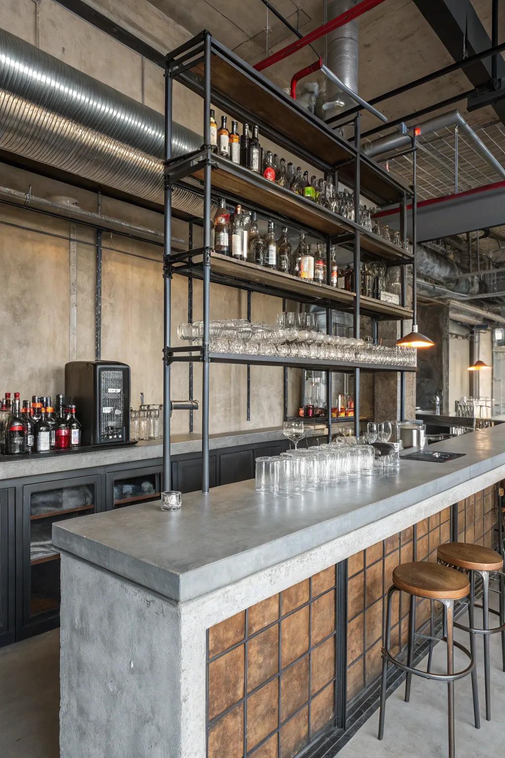 Production accents provide a modern, edgy bar aesthetic.