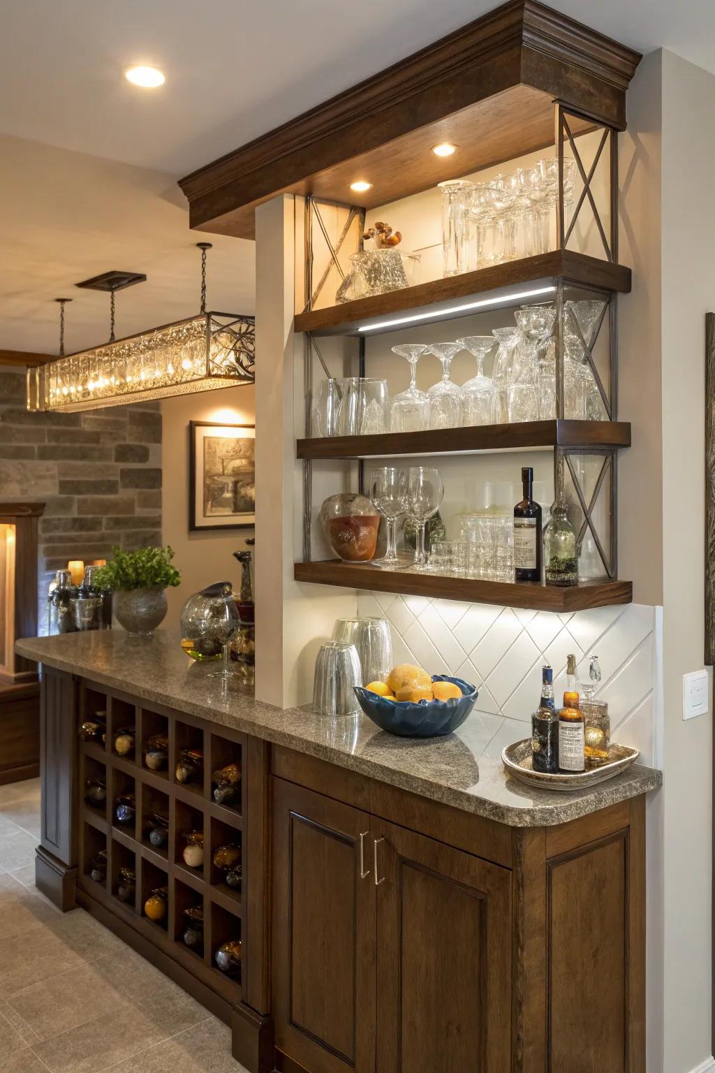 Suspended alcove shelves enhance dimension.