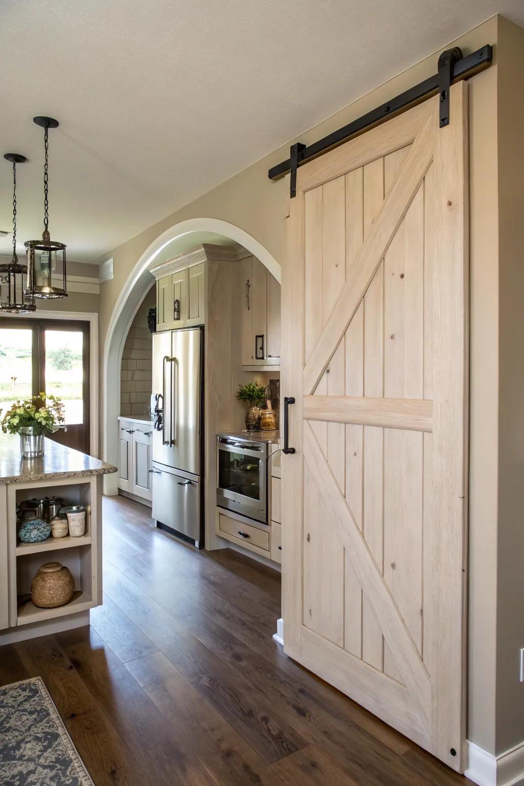 A culinary space showcasing an arched sliding barn aperture delineating the pantry.
