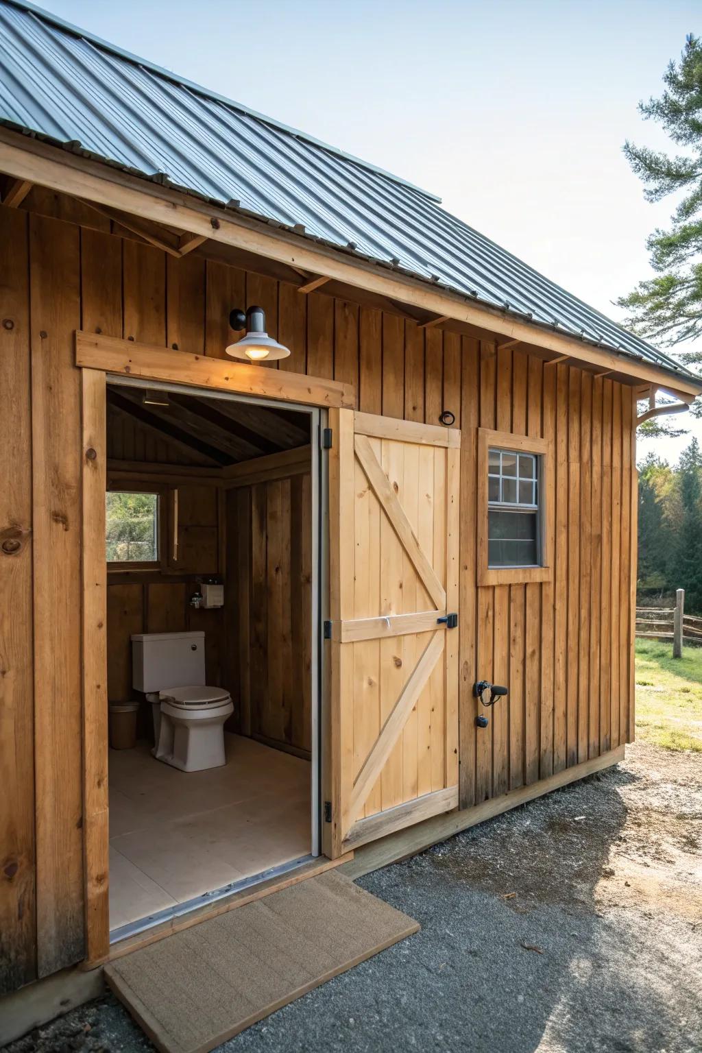 This barn garage's functionality is enhanced by a small bathroom.