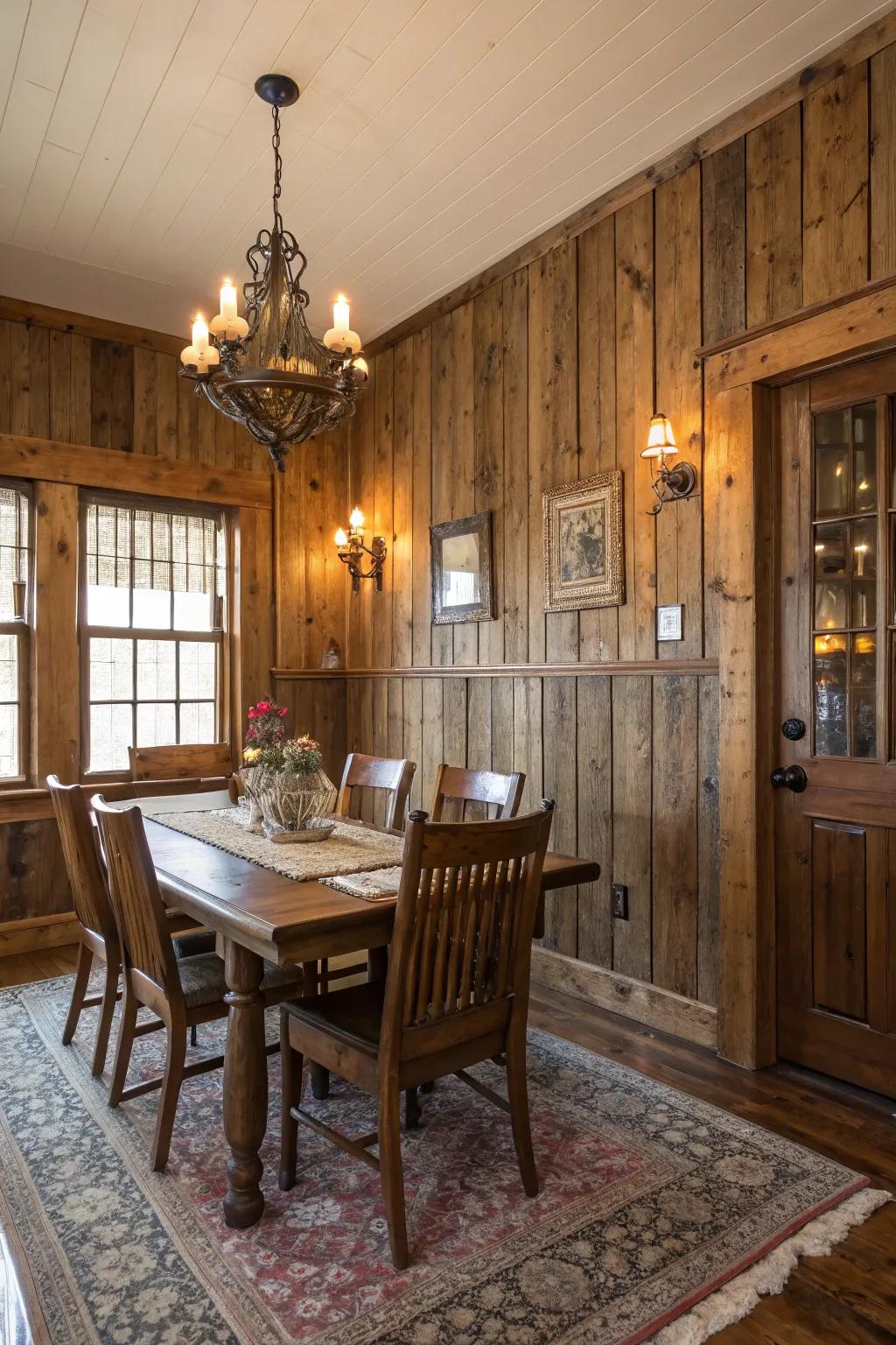 Append a rustic inflection to wainscoting via barn wood.