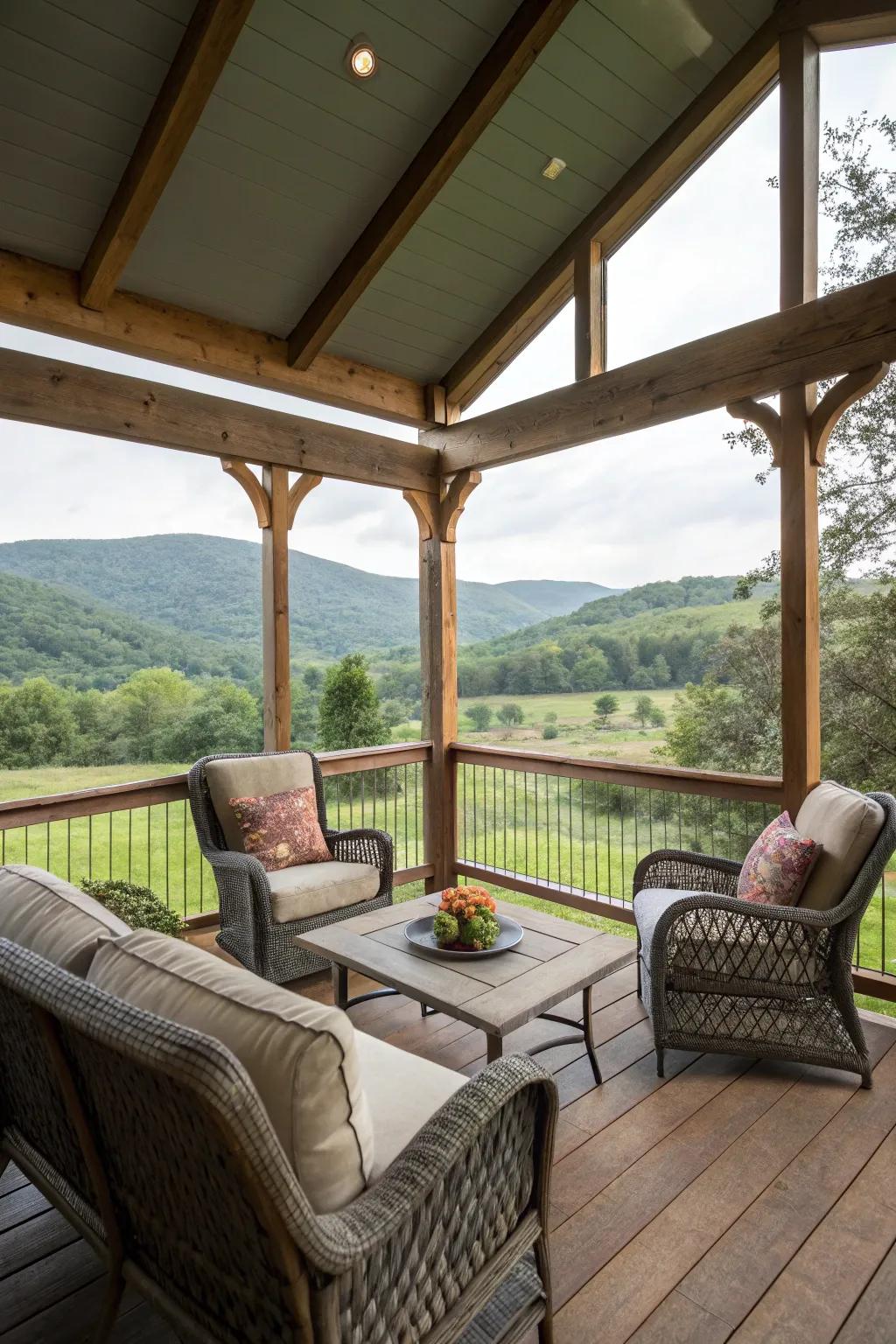 A screened-in veranda furnishes solace and insect-free revelry.