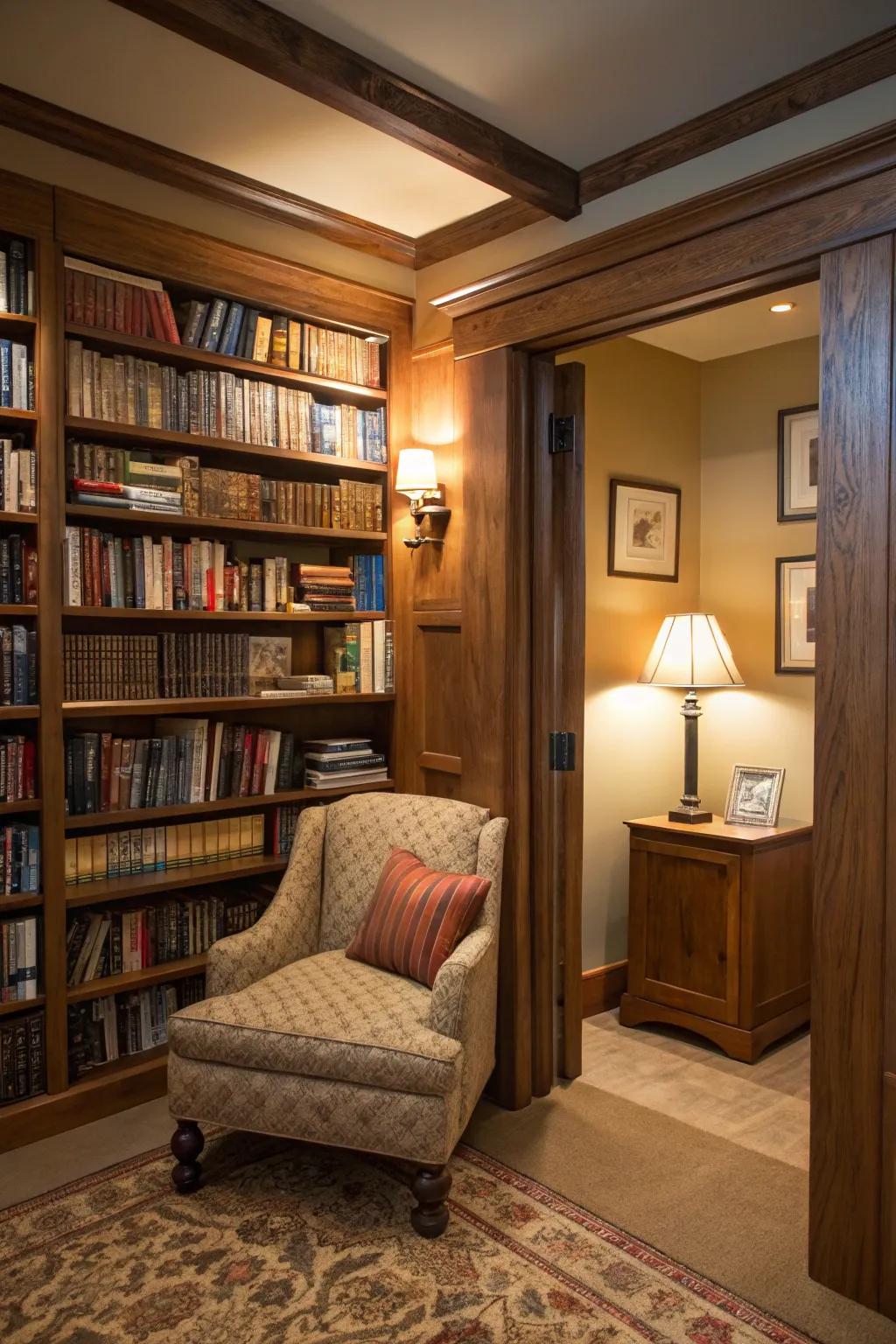 A hidden door disguised as a bookshelf brings charm and mystery.