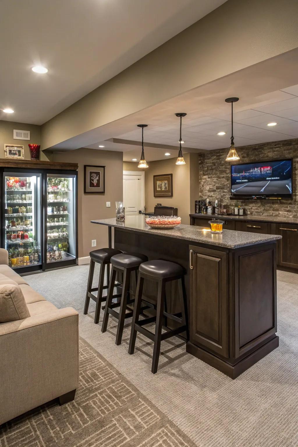 An elegant beverage station enhances the entertainment appeal of this basement.