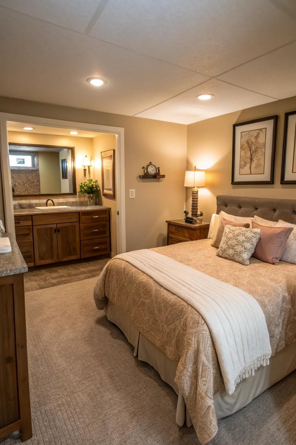 A comfortable basement lodging suite featuring a cozy chamber.