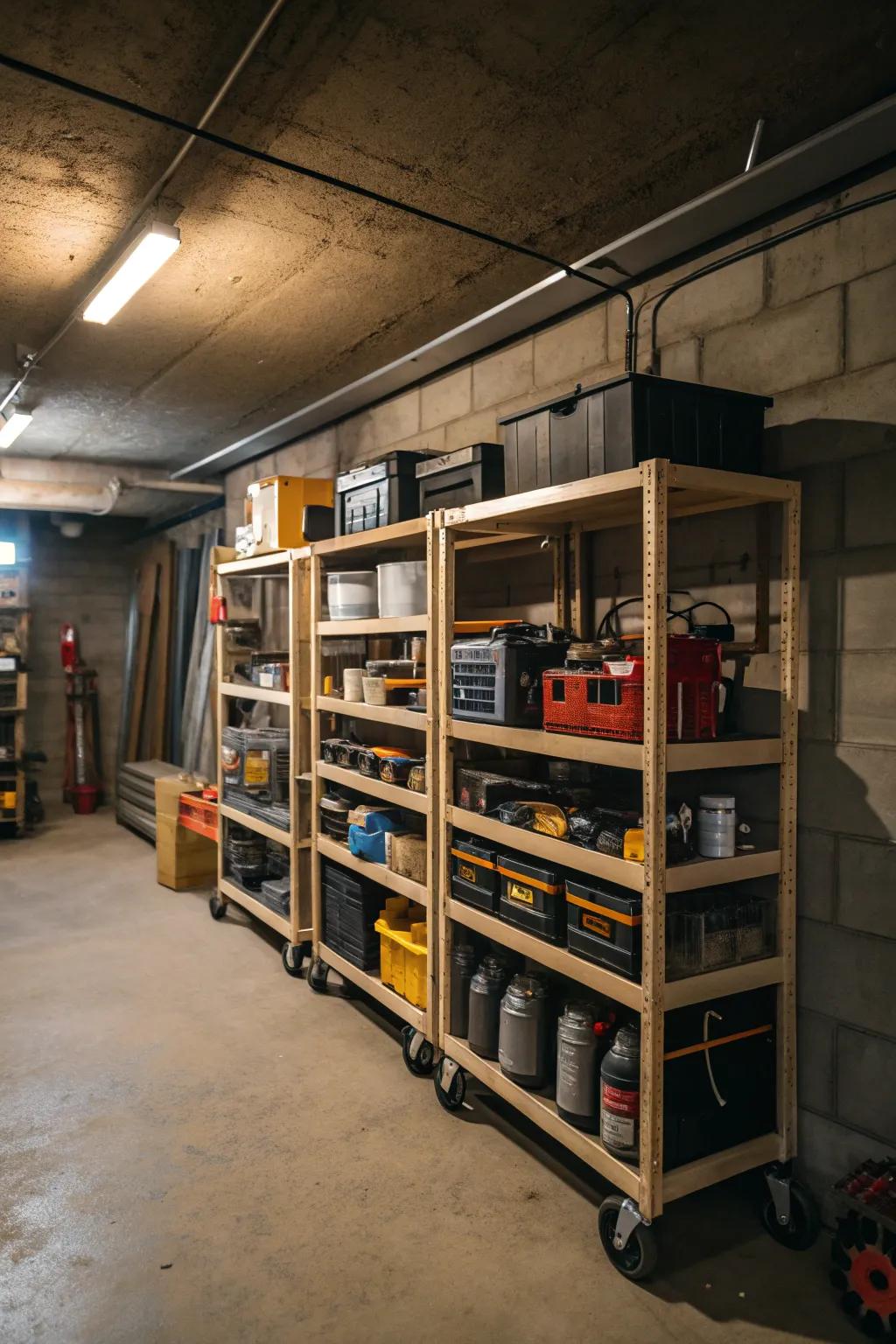 Rolling shelves offer mobility and easy access for bigger objects.