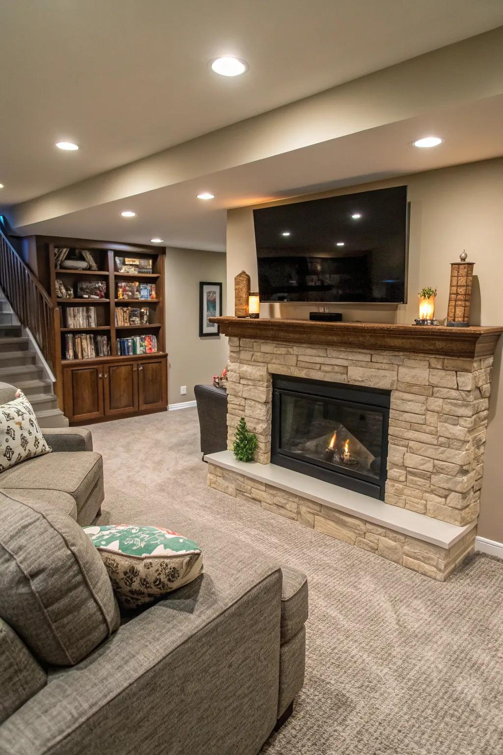 A faux fireplace adds warmth and style.