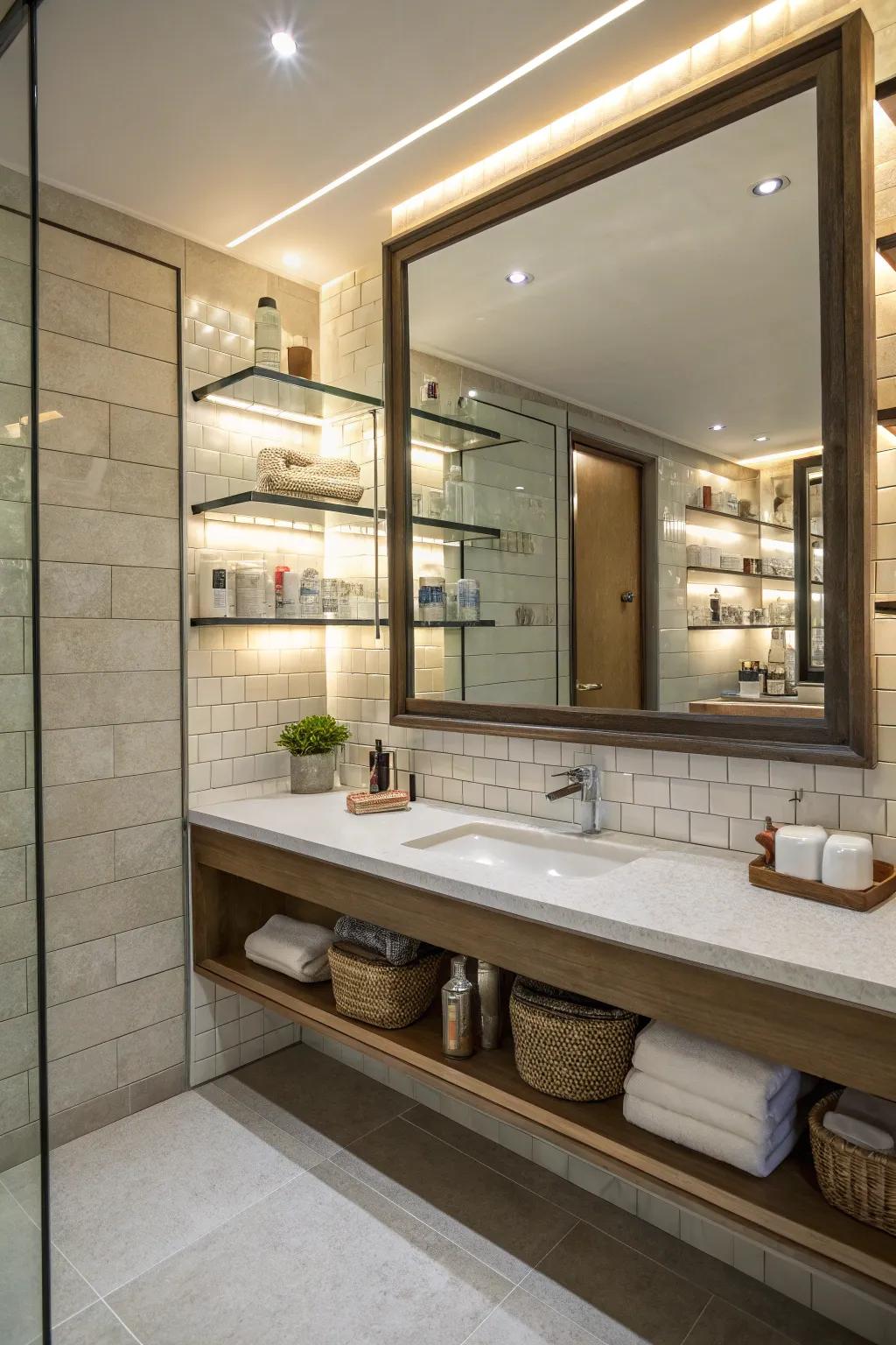 Mirrors amplify the sensation of roominess and light in the bathroom.