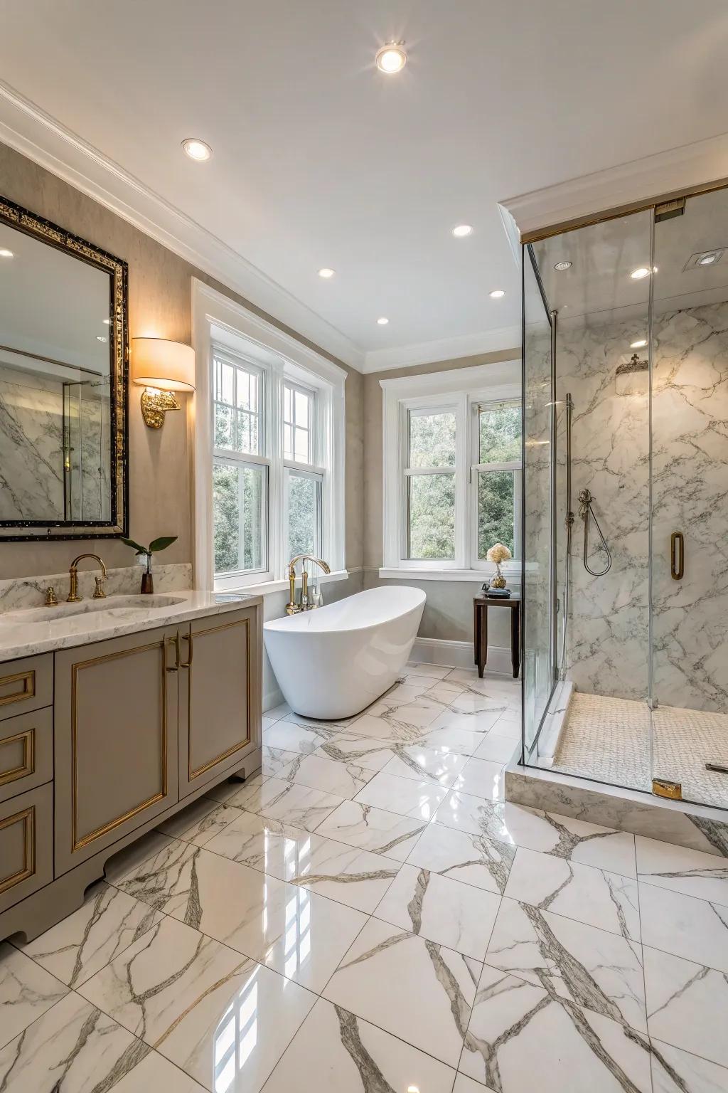Marble-simulated floor coverings offer effortless opulence.