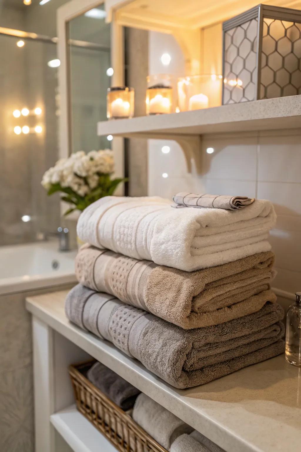 Folded towels offer a timeless and orderly display.