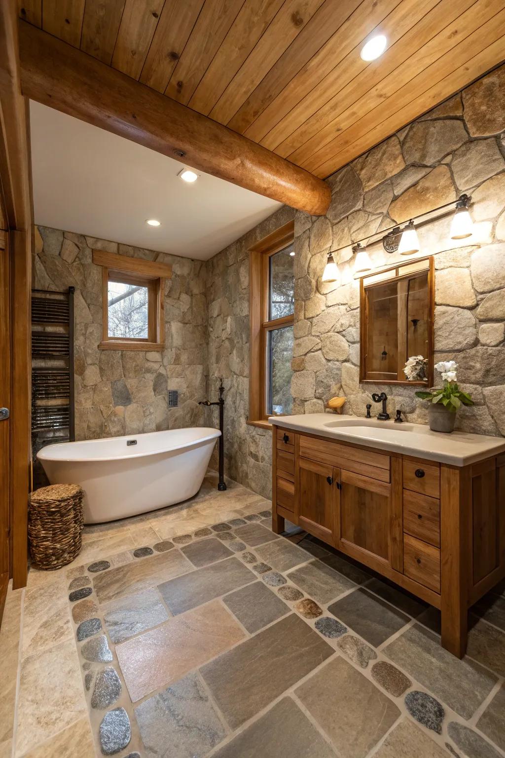 Raw features like stone and wood fashion a warm and inviting atmosphere.