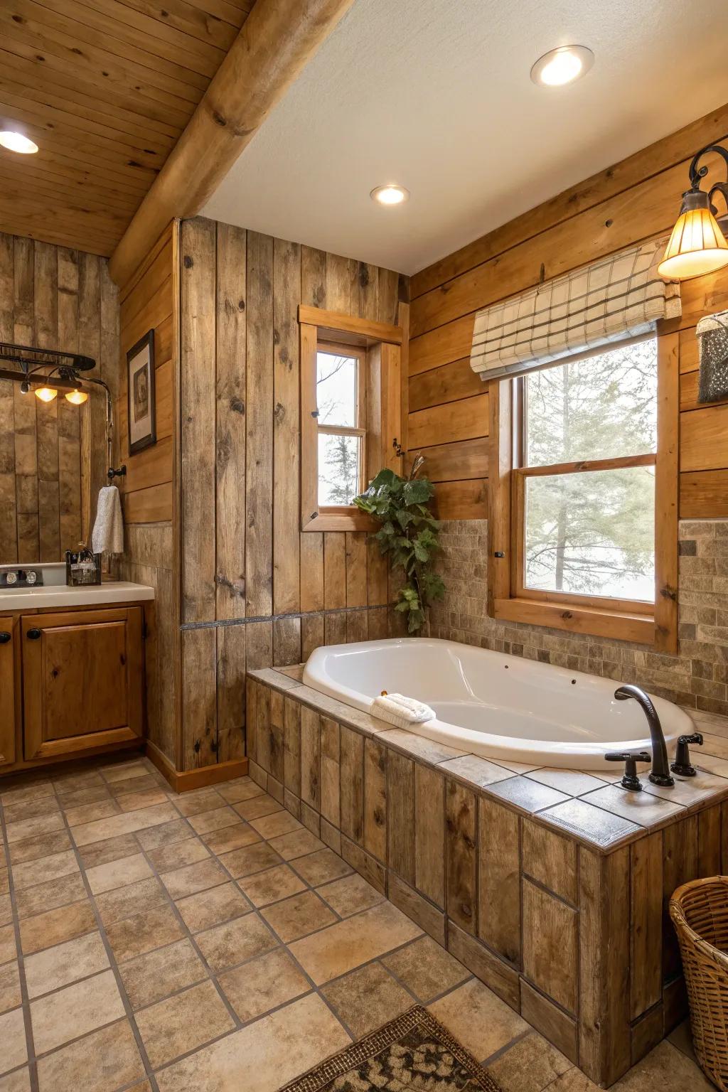 Embrace provincial allure through timber-simulated panels encircling the tub.