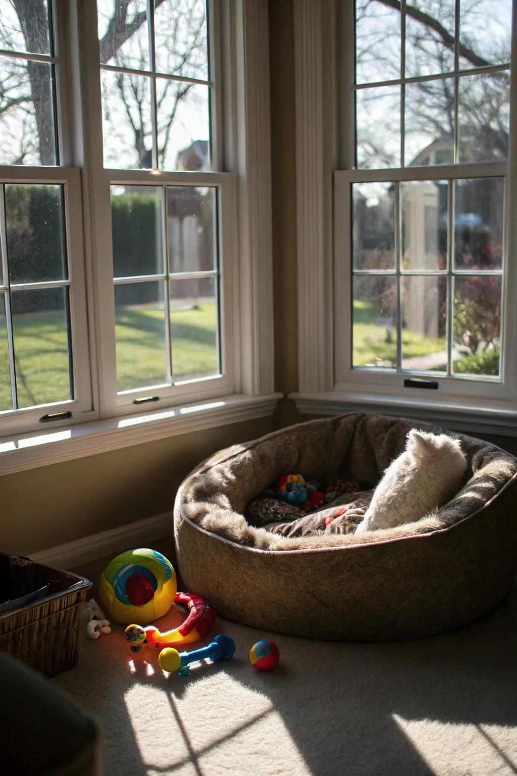 Construct a sun-drenched escape for your domestic animal inside the bay window setting.