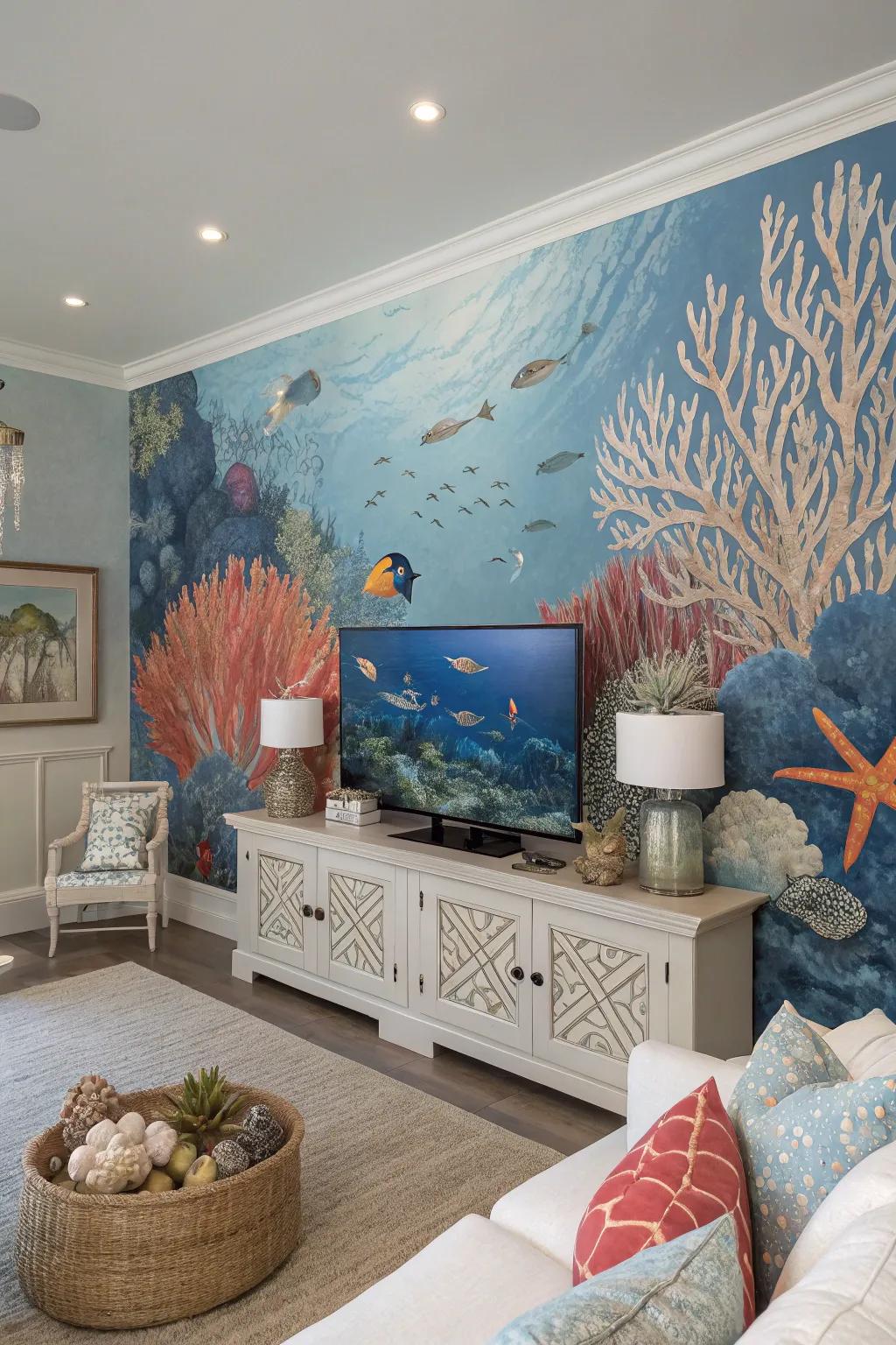 Bring ocean life indoors through vibrant, coral reef-themed wallpaper.