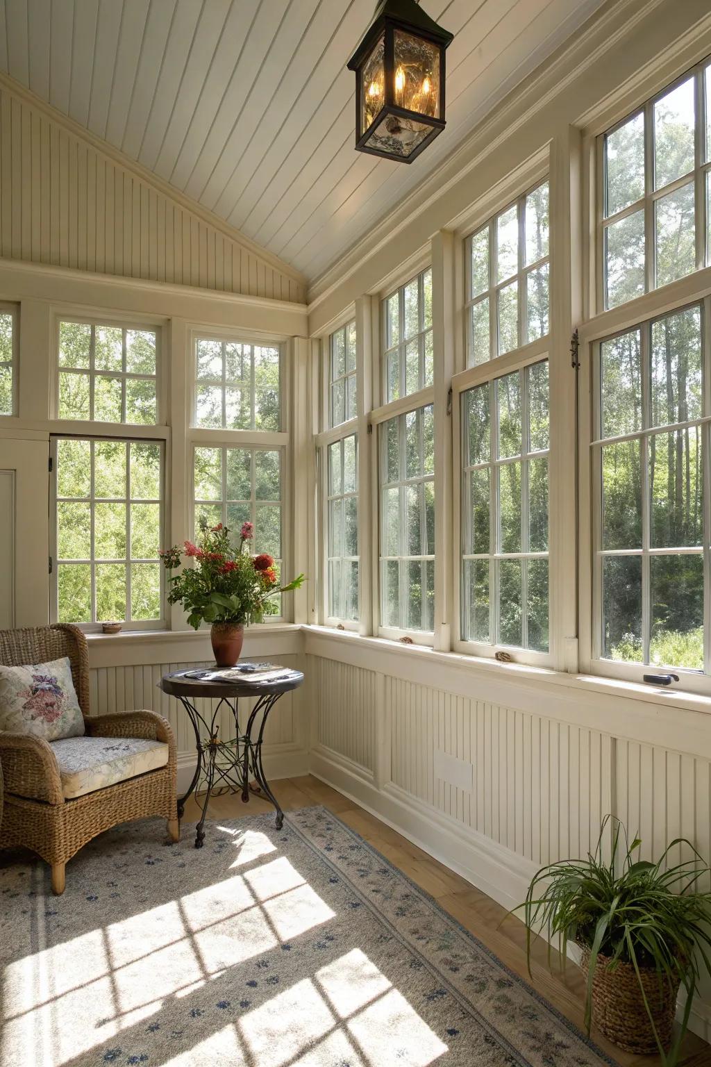 A tranquil solarium sanctuary with paneling divider.