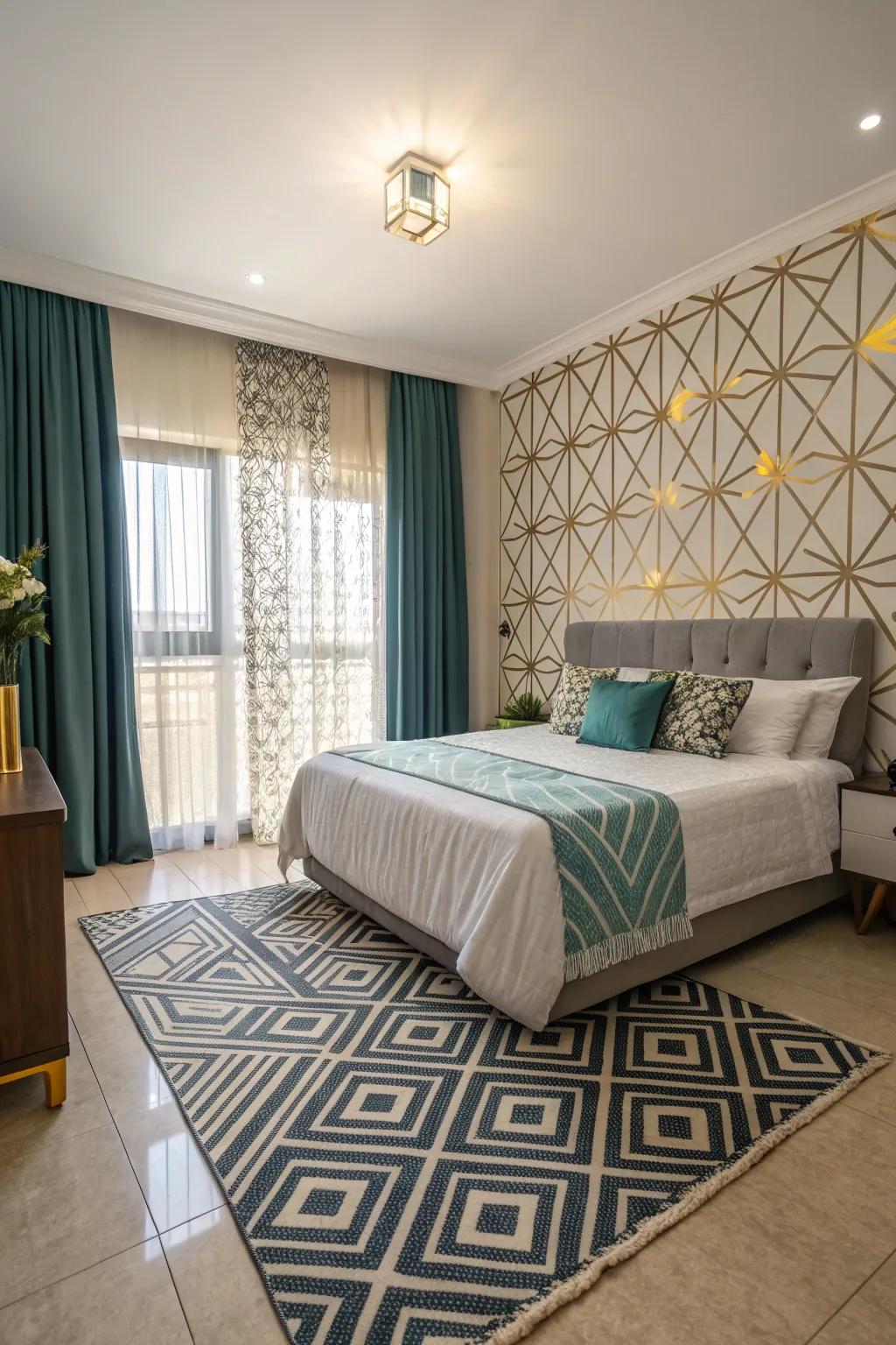 Geometric designs introduce contemporary flair to this fashionable bedroom.