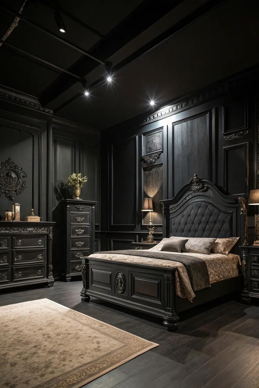 Somber walls augment the drama and intimacy within a room featuring ebony furniture.
