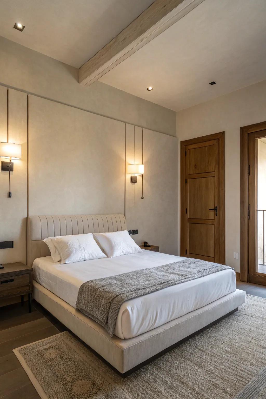 Minimalist luminaires sustain a serene, uncluttered aesthetic.