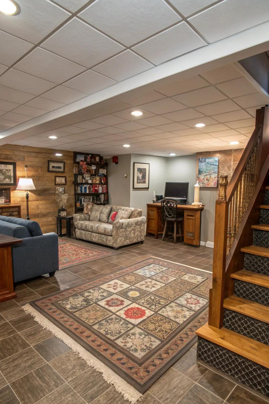 Varied materials can define separate zones in basement layouts.