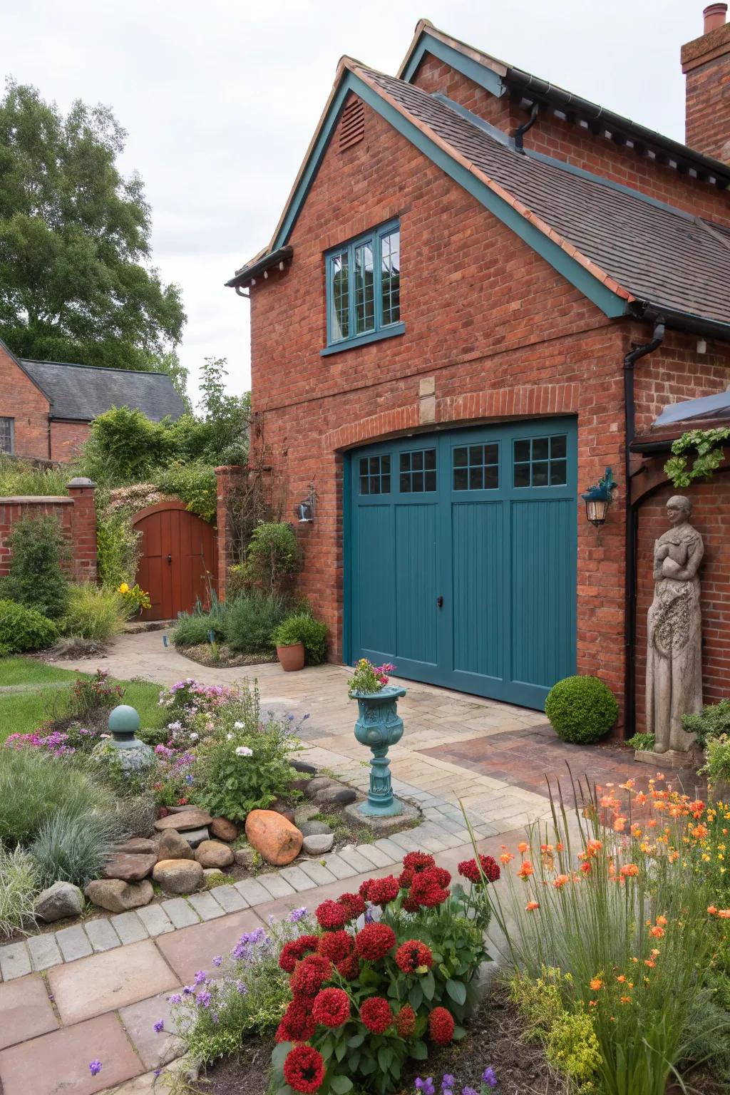Teal garage doors inject an artistic flair into red brick homes.