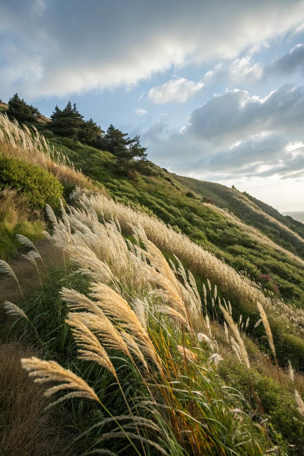 Ornamental grasses insert motion and texture to inclinations.