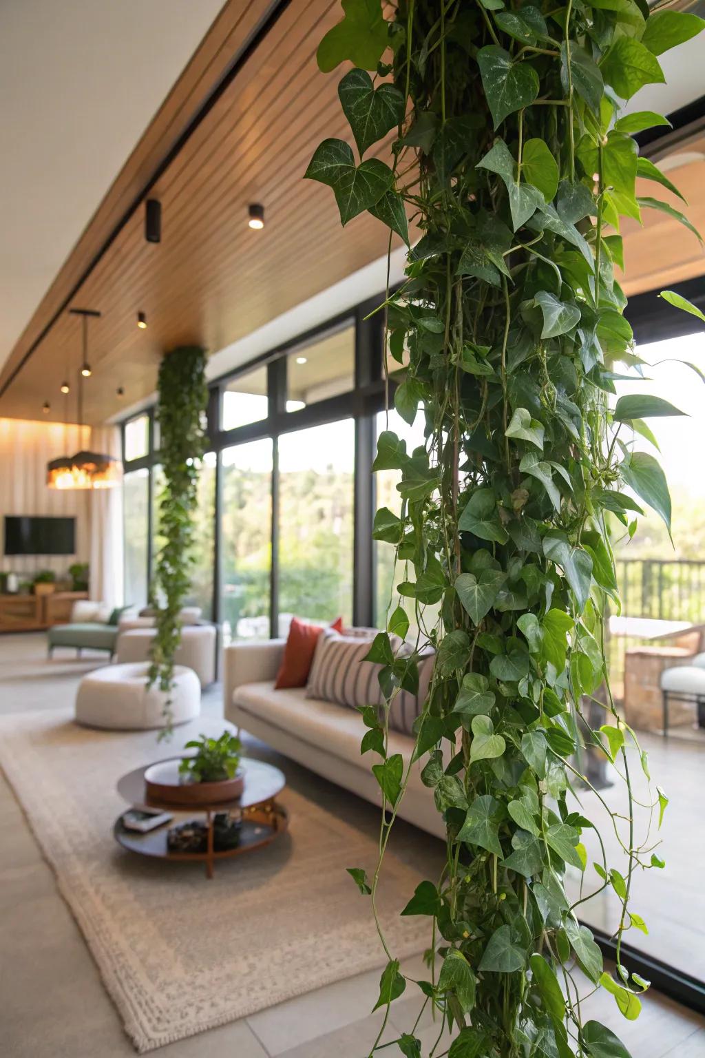 Delineate spaces with suspended botanical dividers.