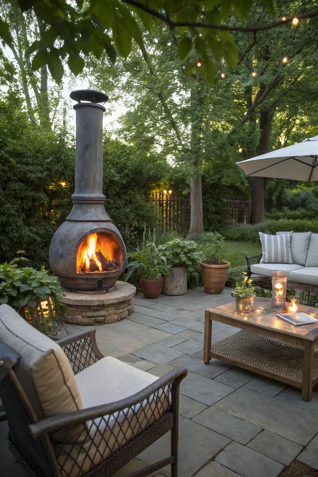 A chimneypiece imparts rustic allure and warmth to any patio setting.
