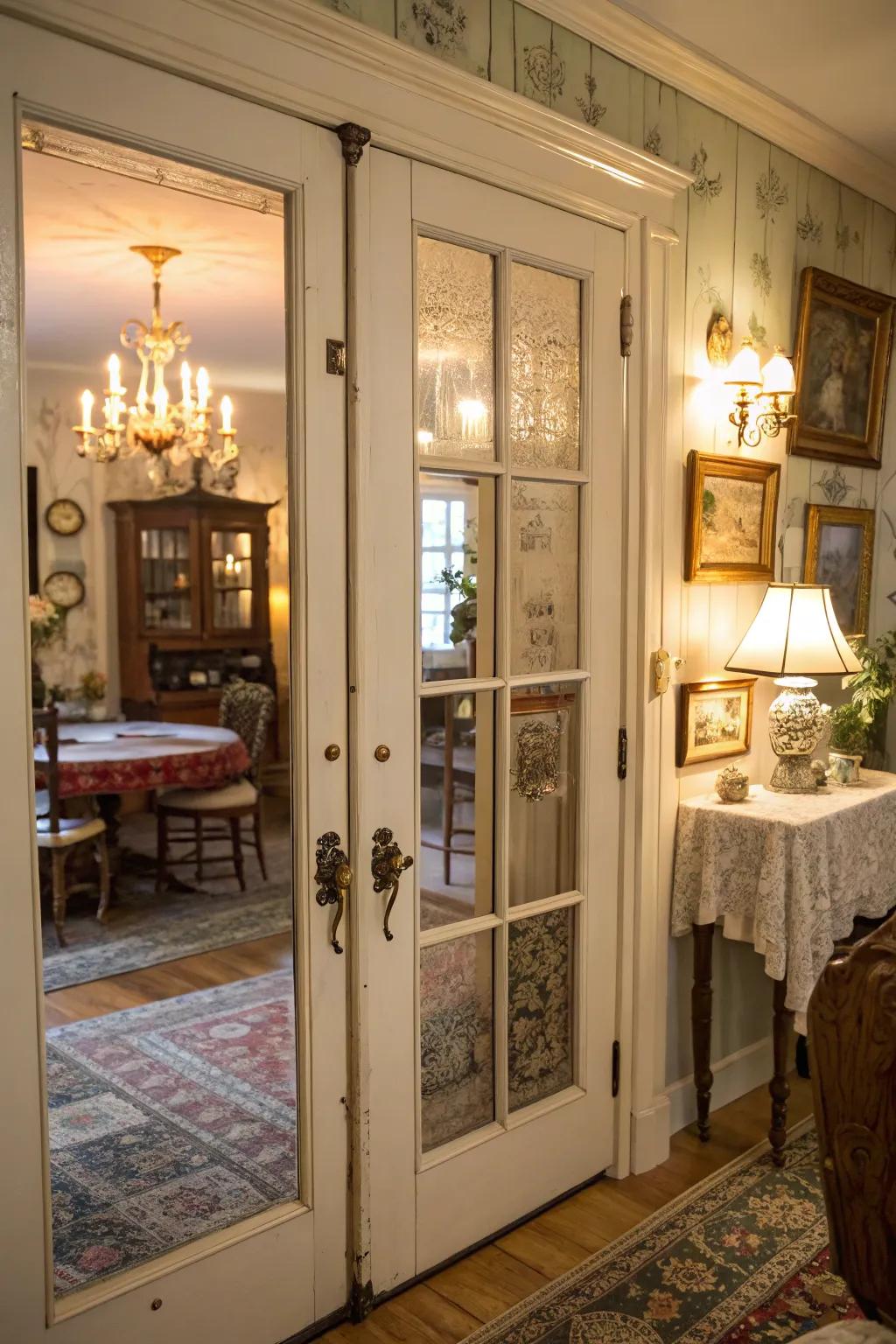 Vintage glass pulls bring delicate elegance to folding doors.