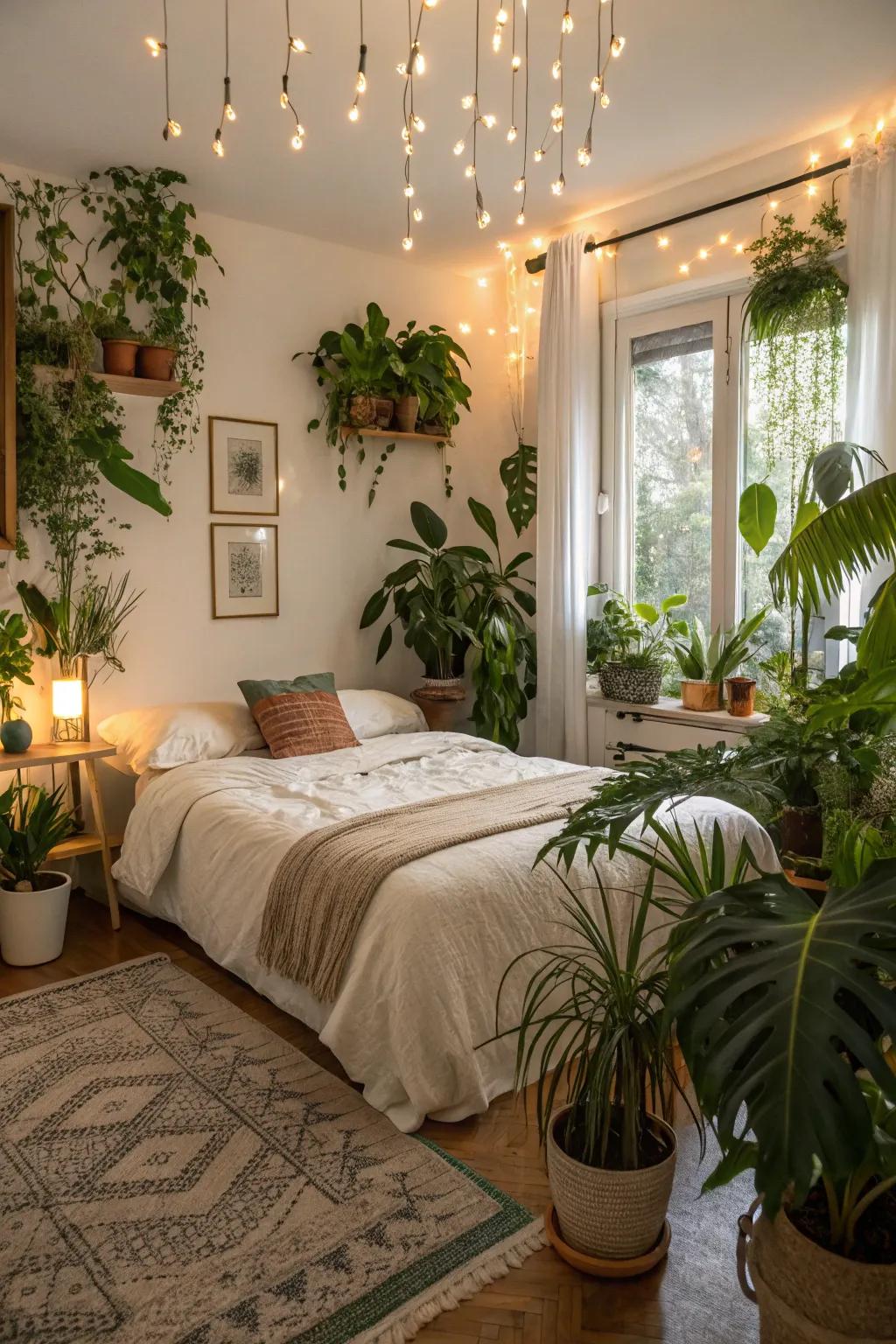 A commodious bedroom enhanced with lush flora for a natural impression.